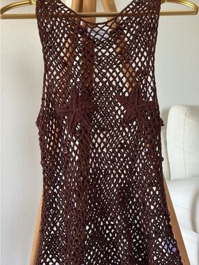 Lovers + Friends Brown Crochet Mesh Swim Cover-Up with Star Appliqué